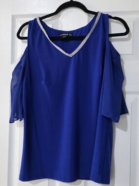 Harper Cobalt Blue Cold-Shoulder V-Neck Blouse with Silver Trim